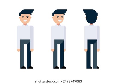 Set office man wear white shirt character vector design. Poses in front, side, back. Vector illustration