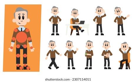 Conjunto de hombres de Office con traje casual inteligente de diseño vectorial. Listo para amañar. Posada en varias acciones con emociones, trabajando, parado y caminando.