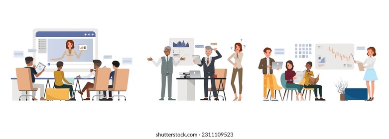 Set of office man and woman character vector design. Business people working in office planning, thinking and economic analysis.