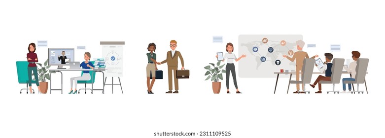 Set of office man and woman character vector design. Business people working in office planning, thinking and economic analysis.