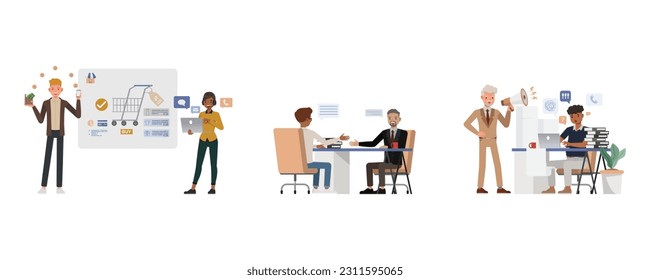 Set of office man and woman character vector design. Business people working in office planning, thinking and economic analysis.