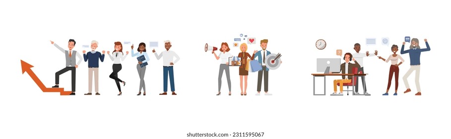 Conjunto de diseño vectorial de personajes de oficina y mujer. Empresarios que trabajan en planificación de oficinas, pensamiento y análisis económico.