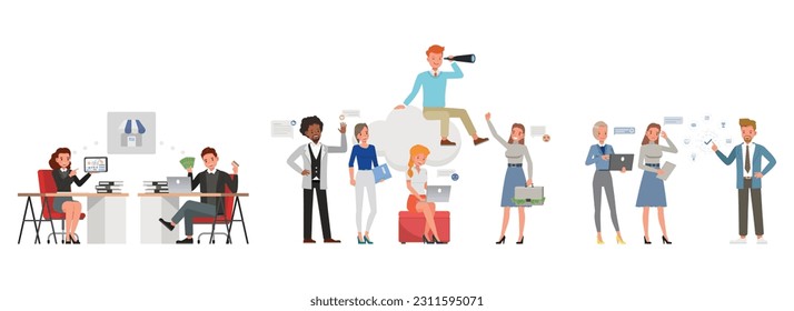 Set of office man and woman character vector design. Business people working in office planning, thinking and economic analysis.