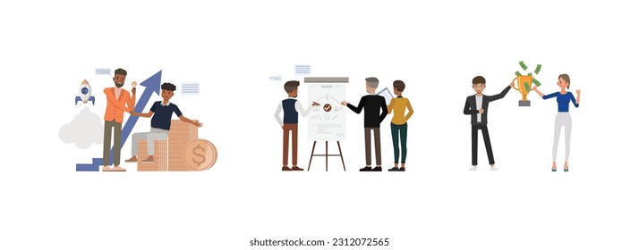 Set of office man and woman character vector design. Business people working in office planning, thinking and economic analysis.