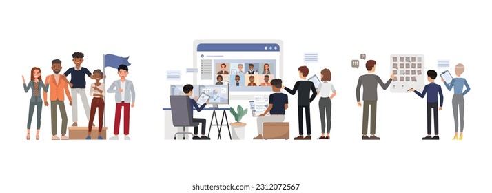 Set of office man and woman character vector design. Business people working in office planning, thinking and economic analysis.