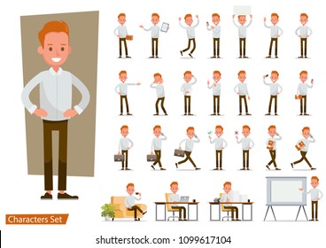 Set of office man worker character vector design. Presentation in various action with emotions, running, standing, walking and working. 