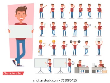 Set of office man worker character vector design. Presentation in various action with emotions, running, standing, walking and working.