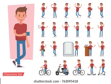 Set of office man worker character vector design. Presentation in various action with emotions, running, standing, walking and working.