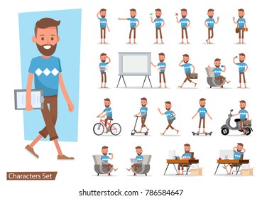 Set of office man worker character vector design. Presentation in various action with emotions, running, standing, walking and working.