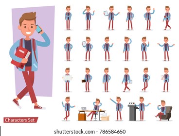 Set of office man worker character vector design. Presentation in various action with emotions, running, standing, walking and working.