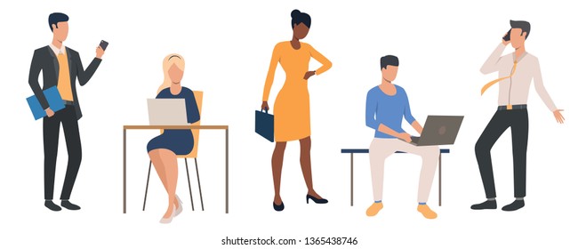 Reihe von Büroleitern. Gruppe von Geschäftsleuten, die an Laptops oder Smartphones arbeiten. Vektorgrafik kann für Präsentation, Marketingprojekt, Werbung verwendet werden