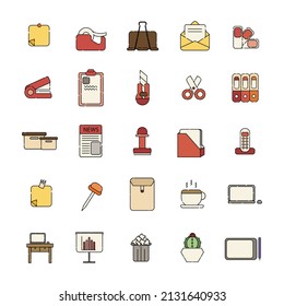 Juego de íconos de material de oficina, íconos de equipo de la empresa de oficina comercial. Vector, ilustración