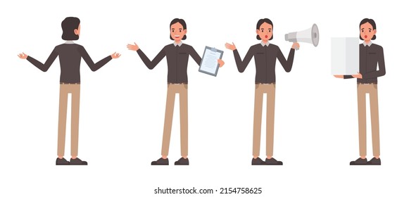 Set of office men wear brown shirts character vector design. Presentation in various action. People working in office planning, thinking and economic analysis.