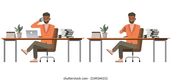 Set of office men wear orange suit character vector design. Presentation in various action. People working in office planning, thinking and economic analysis.