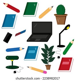 Set of office objects. Collection with pencil, table lamp, cactus, ficus, book, magazine, notebook, laptop, smartphone, rubber grater. 