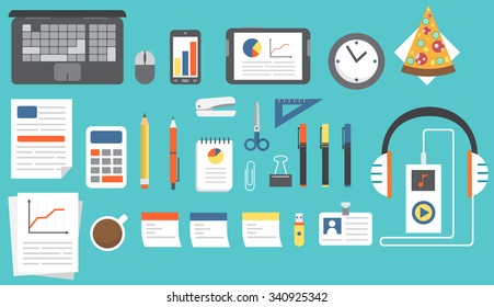 Set of office objects in a flat style.