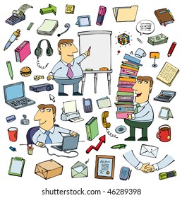 set of office objects and likable employee man vector
