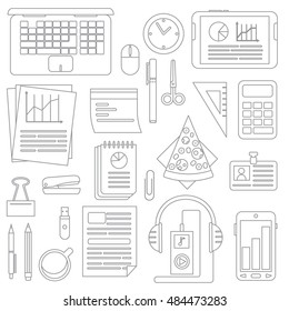 Set of office objects in a line style.
