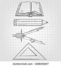 A set of office on the background of the sheet in a cage: a book, a pencil, compasses, a ruler-triangle