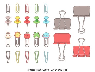 Set of office paper clips. Round paper clip, triangular paper clip, stationery button. Vector illustration in cartoon kawaii style