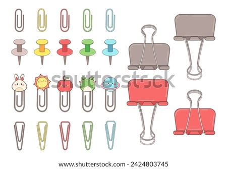 Set of office paper clips. Round paper clip, triangular paper clip, stationery button. Vector illustration in cartoon kawaii style
