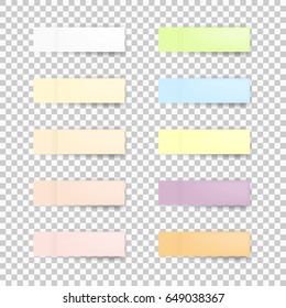 Set of office paper sheets or sticky stickers with shadow isolated on a transparent background. Vector illustration. 