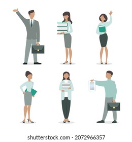 
Set of office people drawn in a flat style. Illustration of business peoples with paper folders, books and documents isolated on a white background. Vector 10 EPS.
