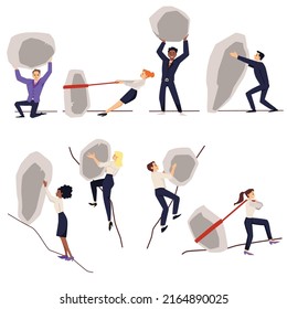 Set of office people push and pull huge stone flat style, vector illustration isolated on white background. Business concept achieve goal and success. Workers and heavy rocks, metaphor for work hard