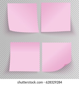 Set of office pink sticky stickers with shadow isolated on a transparent background. Vector pink post notes template.