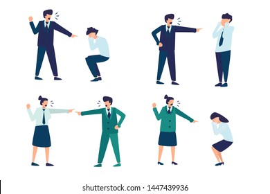 Set of office problem situation of yelling people. Man and woman screaming on their co-workers. Caharcter vector illustration. Emotional  harassment on work in office. Stop harassment.