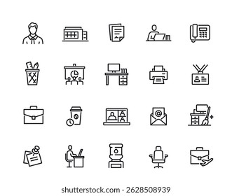 Set of office related line icons. Simple symbols with employee, workspace, documents, computer, phone and chair. Editable stroke. Outline vector illustration collection isolated on background