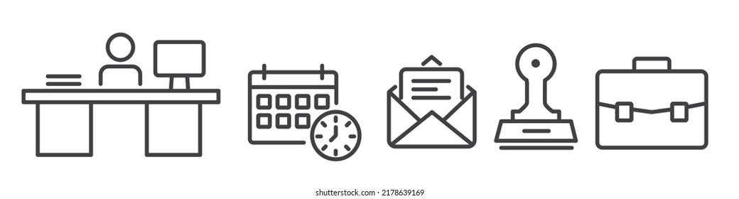 Set of Office Related Vector Line Icons. Contains such graphics as desk, Workplace, calendar, document, envelope, rubber stamp and briefcase. Editable Stroke on white background for web and print