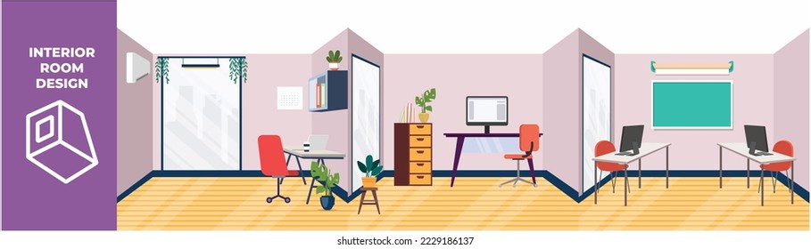 Set of office room with furniture. Chair, desk, computer, white board and window. Interior room concept. Colored flat graphic vector illustration isolated.