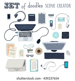Set of office scene creator objects. Gadgets and stationery isolated on white. 20+ items. Top view. Design elements for work and education. Laptop, computer, documents, mobile, notes, cd, letter.