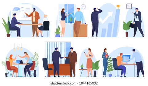 Set of office scenes. Women and men working in the office, business meetings, signing contracts, vector illustration