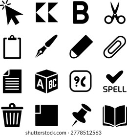 Set of Office and School Icons Featuring Computer Mouse Click Symbol Scissors Paper Clip Pencil