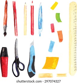 set of office and school supplies , painted in watercolor - the brush , pen , pencil chernografitny , colored pencil , pen, secretory marker , scissors, stationery knife, chtikery , tape , ruler