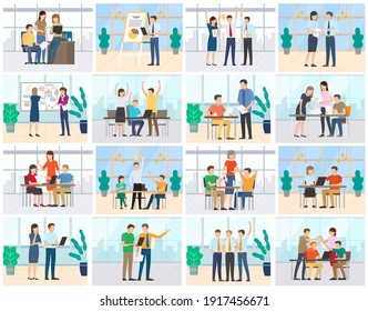 Set of office situations. Colleagues communication and collaboration. Group discussion and negotiation. Clerk workplace. Financial report, business presentation