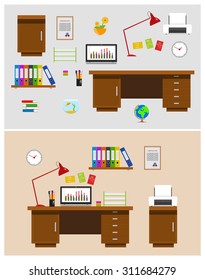 Set of office space items and accessories, like table with a lamp and a laptop, a printer with paper etc