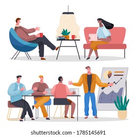Set of office staff, work and communication. Head and subordinates. Various workers, managers team. Top managers employees of levels. Office workers. Co-workers. Colleagues discuss project teamwork