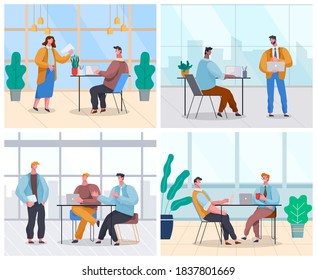 Set of office staff, work and communication. Head and subordinates. Various workers, managers team. Top managers employees of levels. Office workers. Co-workers. Colleagues discuss project teamwork