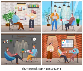 Set of office staff, work and communication. Head and subordinates. Various workers, managers team. Top managers employees of levels. Office workers. Co-workers. Colleagues discuss project teamwork