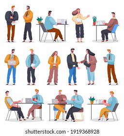 Set of office staff, work and communication. Head and subordinates. Various workers, managers team. Top managers employees of levels. Office workers. Co-workers. Colleagues discuss project teamwork