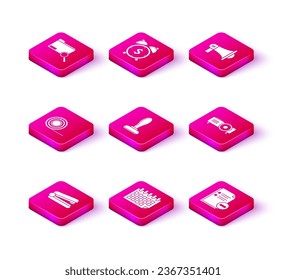 Set Office stapler, Calendar, Scotch, Stamp, Document with minus, Presentation, movie, film, media projector, Megaphone and Alarm clock dollar symbol icon. Vector