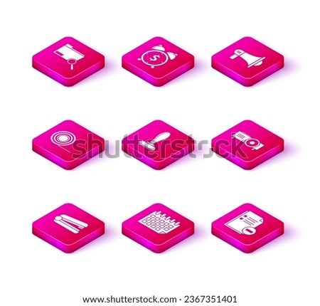 Set Office stapler, Calendar, Scotch, Stamp, Document with minus, Presentation, movie, film, media projector, Megaphone and Alarm clock dollar symbol icon. Vector