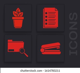 Set Office stapler, Flowers in pot, File document and Search concept with folder icon. Vector