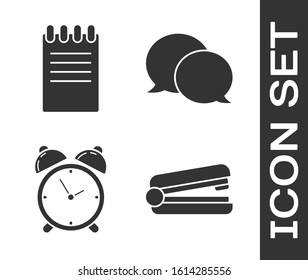 Set Office stapler, Notebook, Alarm clock and Speech bubble chat icon. Vector