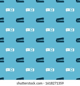Set Office stapler and Presentation, movie, film, media projector on seamless pattern. Vector