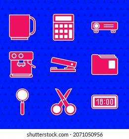 Set Office stapler, Scissors, Digital alarm clock, Document folder, Magnifying glass, Coffee machine, Movie, film, media projector and cup icon. Vector