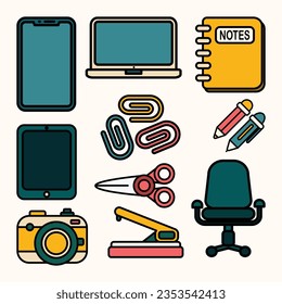 Set of Office Stationary Cute Flat Line Illustration